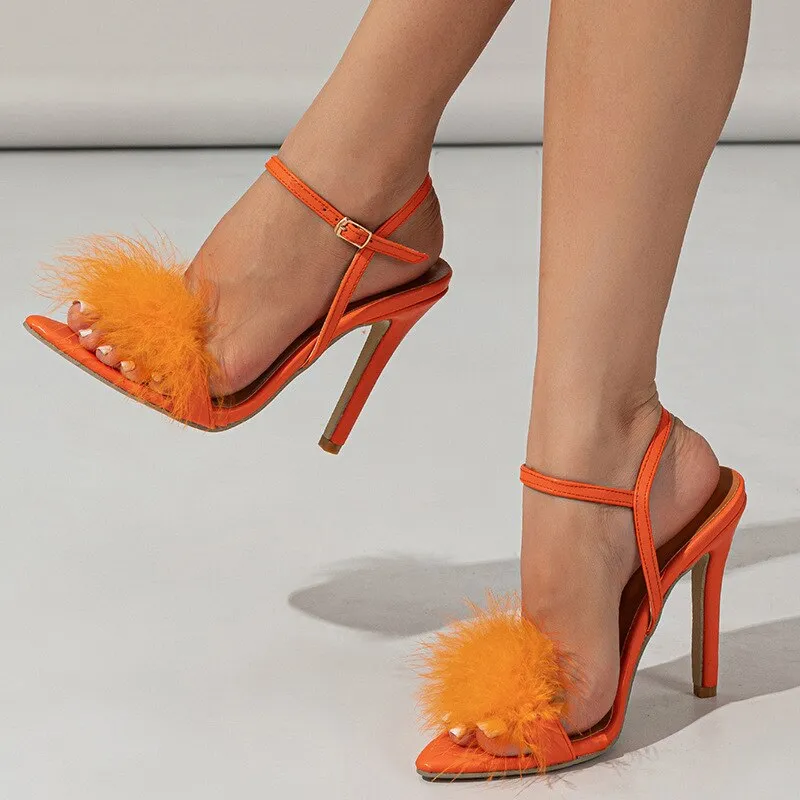 2023 Sultry Summer Fashion Women's Feather Sandals Brand Design Celebrity Style Sandalias Tacones De Mujer Elegantes