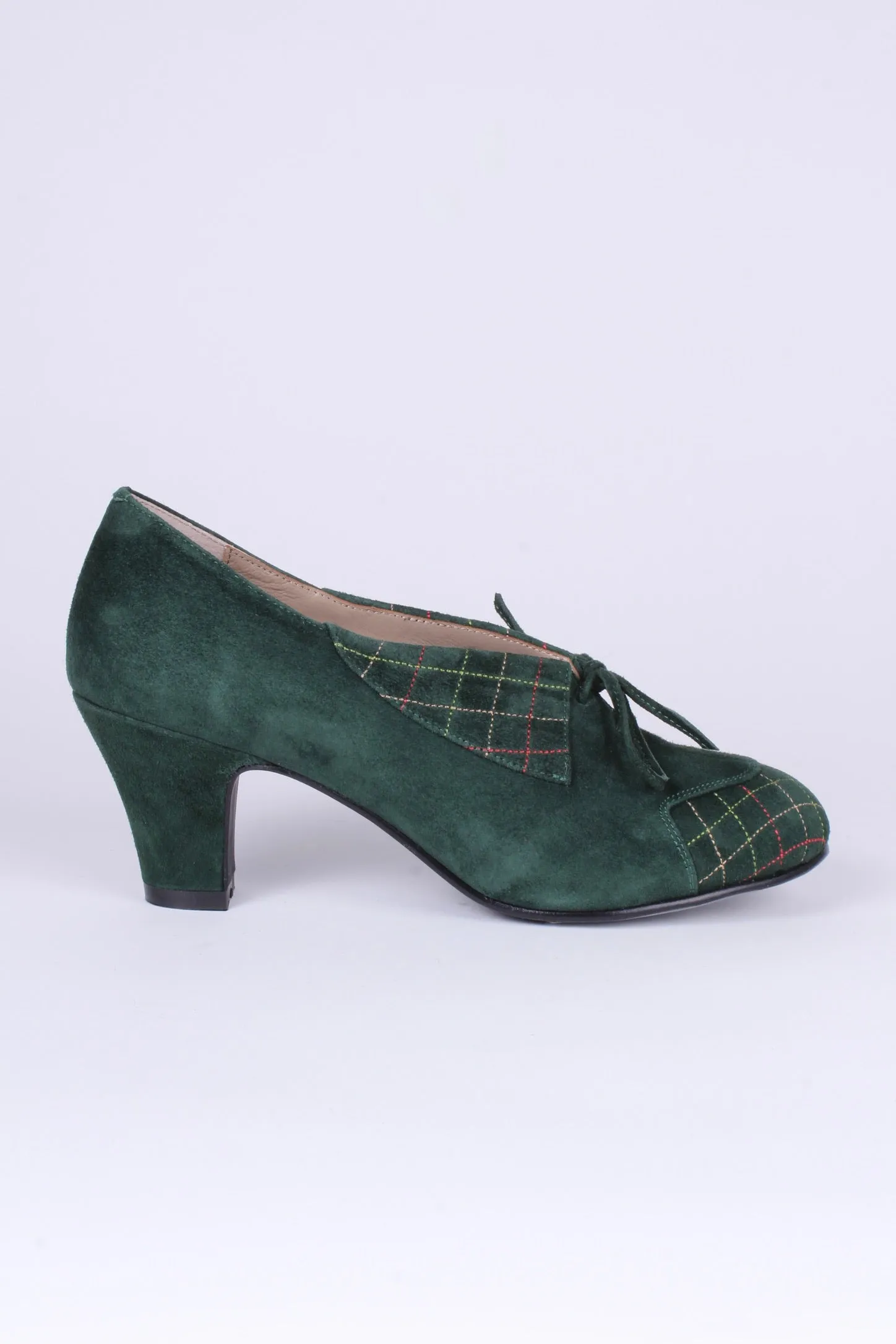 40's vintage style pumps in suede with colored stitches - Dark Green - Edith