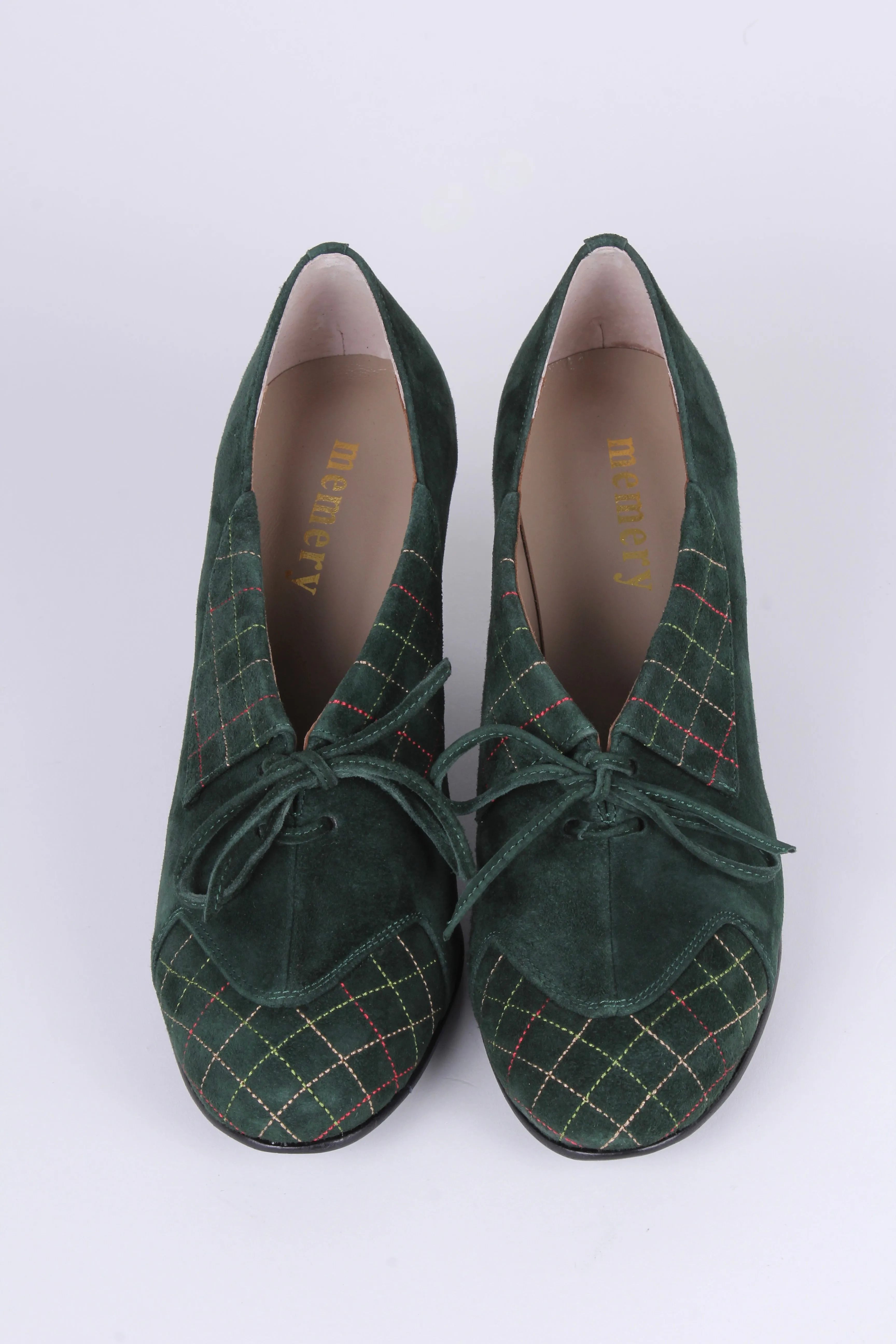40's vintage style pumps in suede with colored stitches - Dark Green - Edith