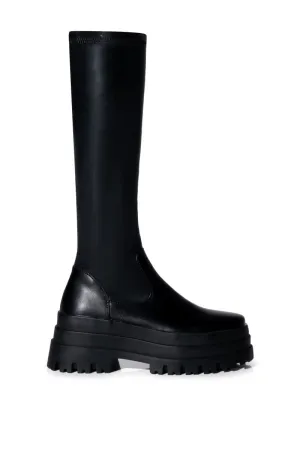 ARETHA-BLACK FLAT PLATFORM KNEE HIGH STRETCH BOOT
