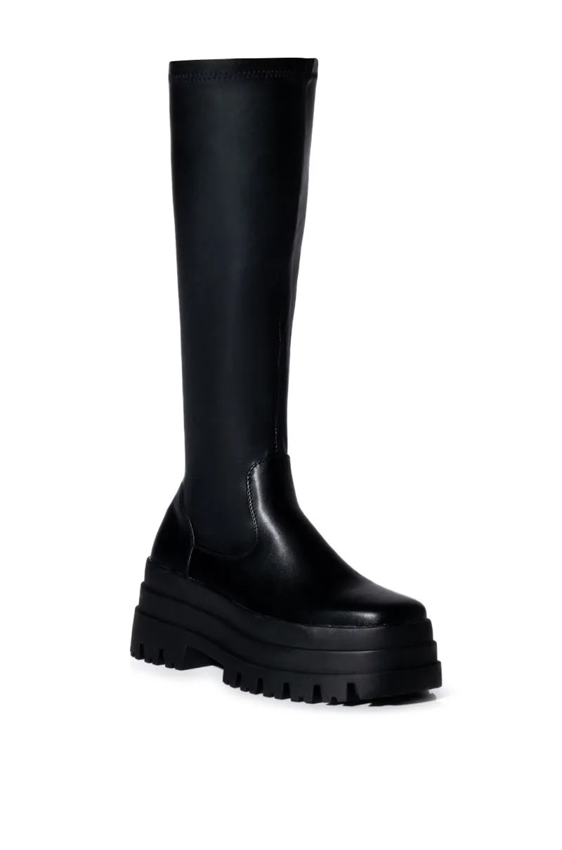 ARETHA-BLACK FLAT PLATFORM KNEE HIGH STRETCH BOOT