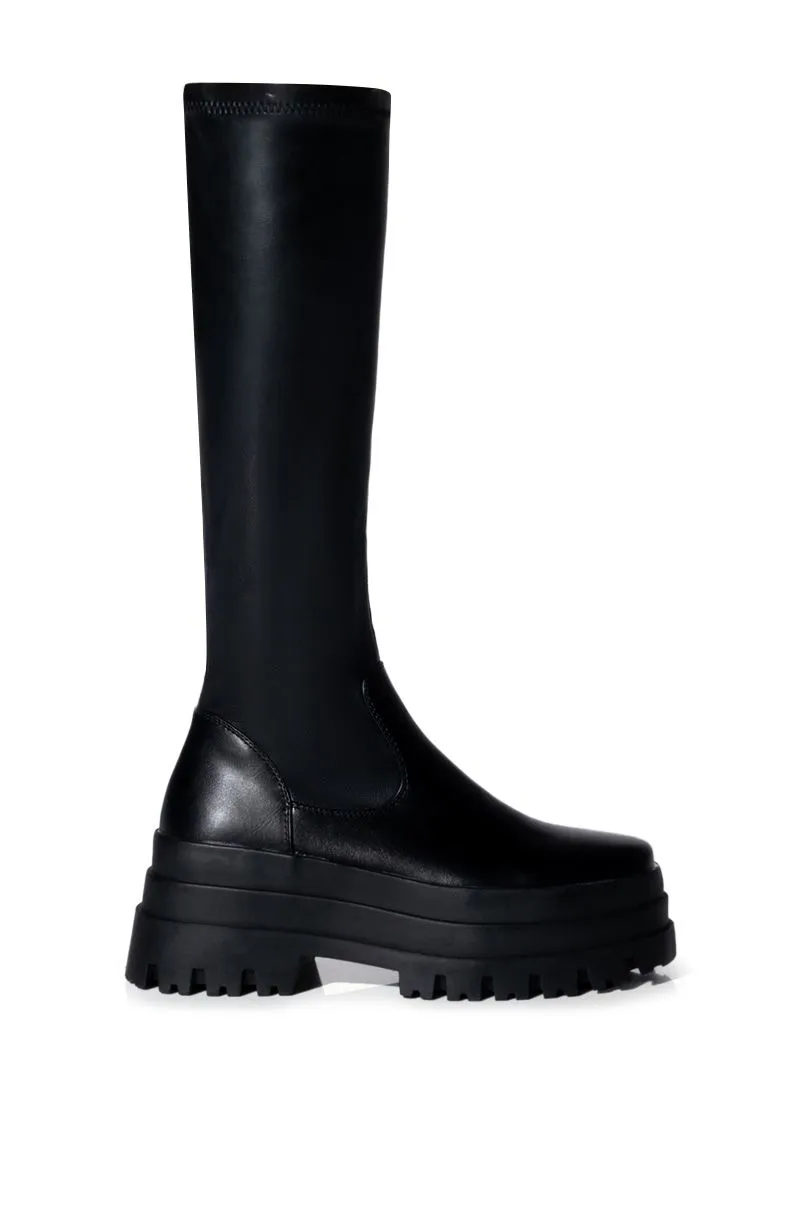ARETHA-BLACK FLAT PLATFORM KNEE HIGH STRETCH BOOT