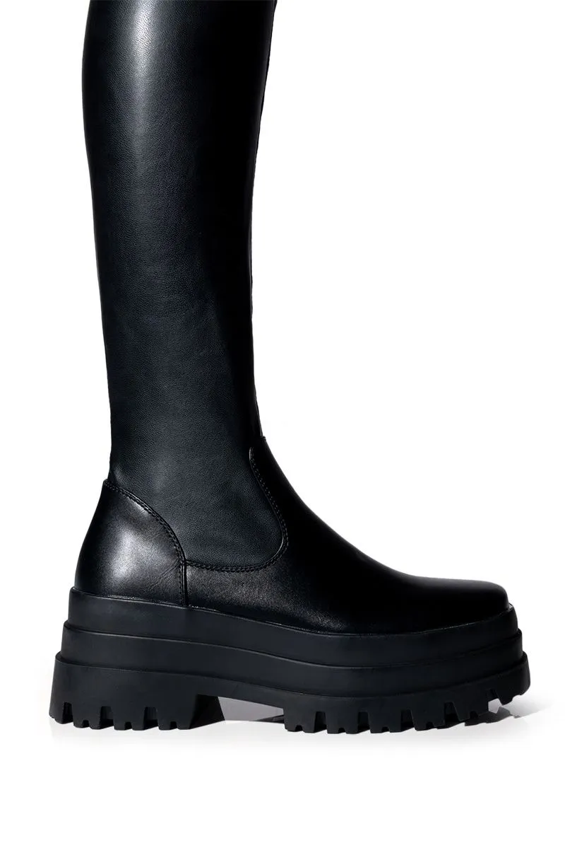ARETHA-BLACK FLAT PLATFORM KNEE HIGH STRETCH BOOT