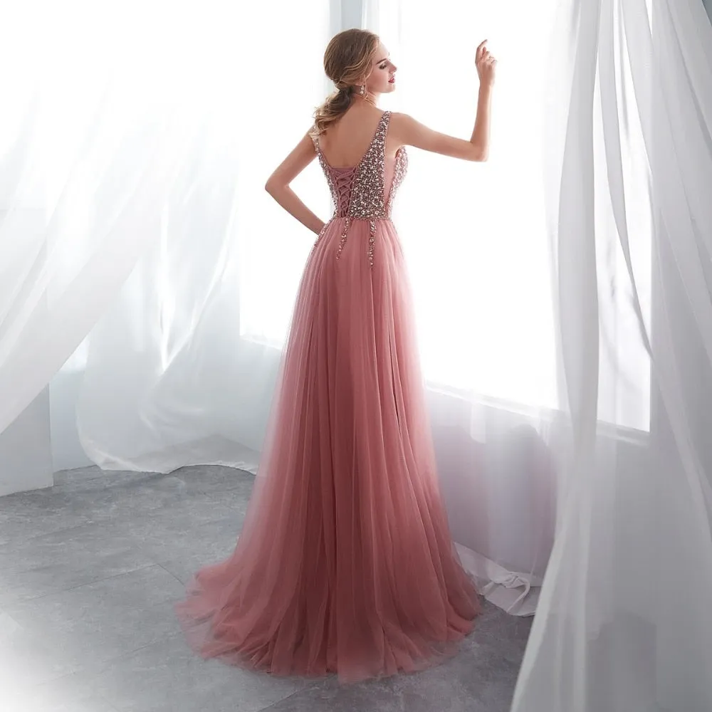 Beading Prom cocktail  Dresses 2023 Plus Size Pink High Split Tulle Sweep Train Sleeveless Evening Gown A-line Lace Up Backless Vestido De