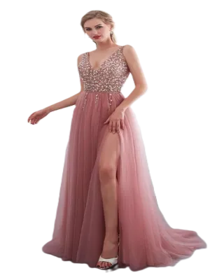Beading Prom cocktail  Dresses 2023 Plus Size Pink High Split Tulle Sweep Train Sleeveless Evening Gown A-line Lace Up Backless Vestido De
