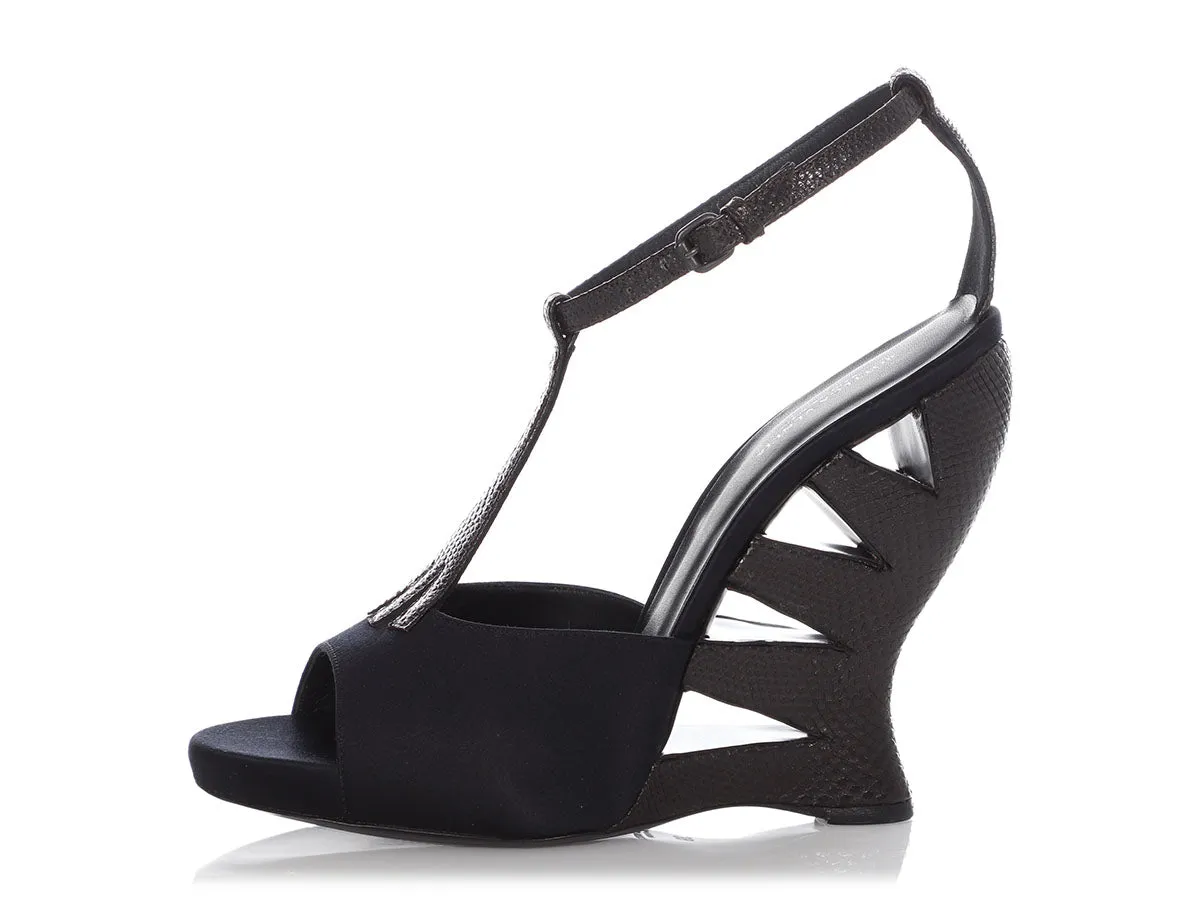 Bottega Veneta Brown Lizard and Black Satin Wedges