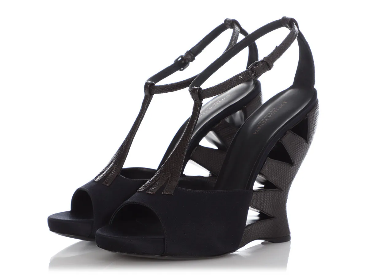 Bottega Veneta Brown Lizard and Black Satin Wedges