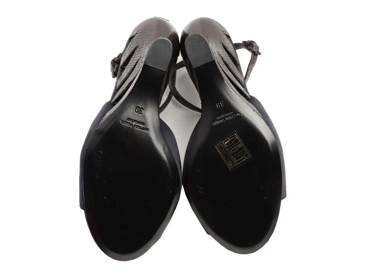 Bottega Veneta Brown Lizard and Black Satin Wedges