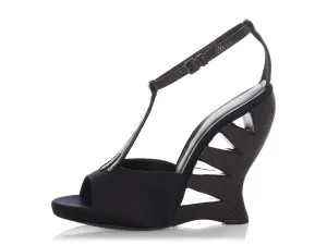 Bottega Veneta Brown Lizard and Black Satin Wedges