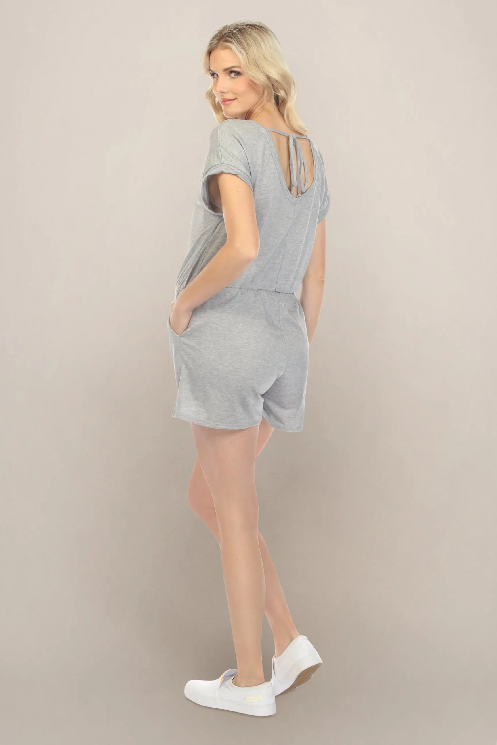 Casual Heather Gray Maternity Romper with Back Tie