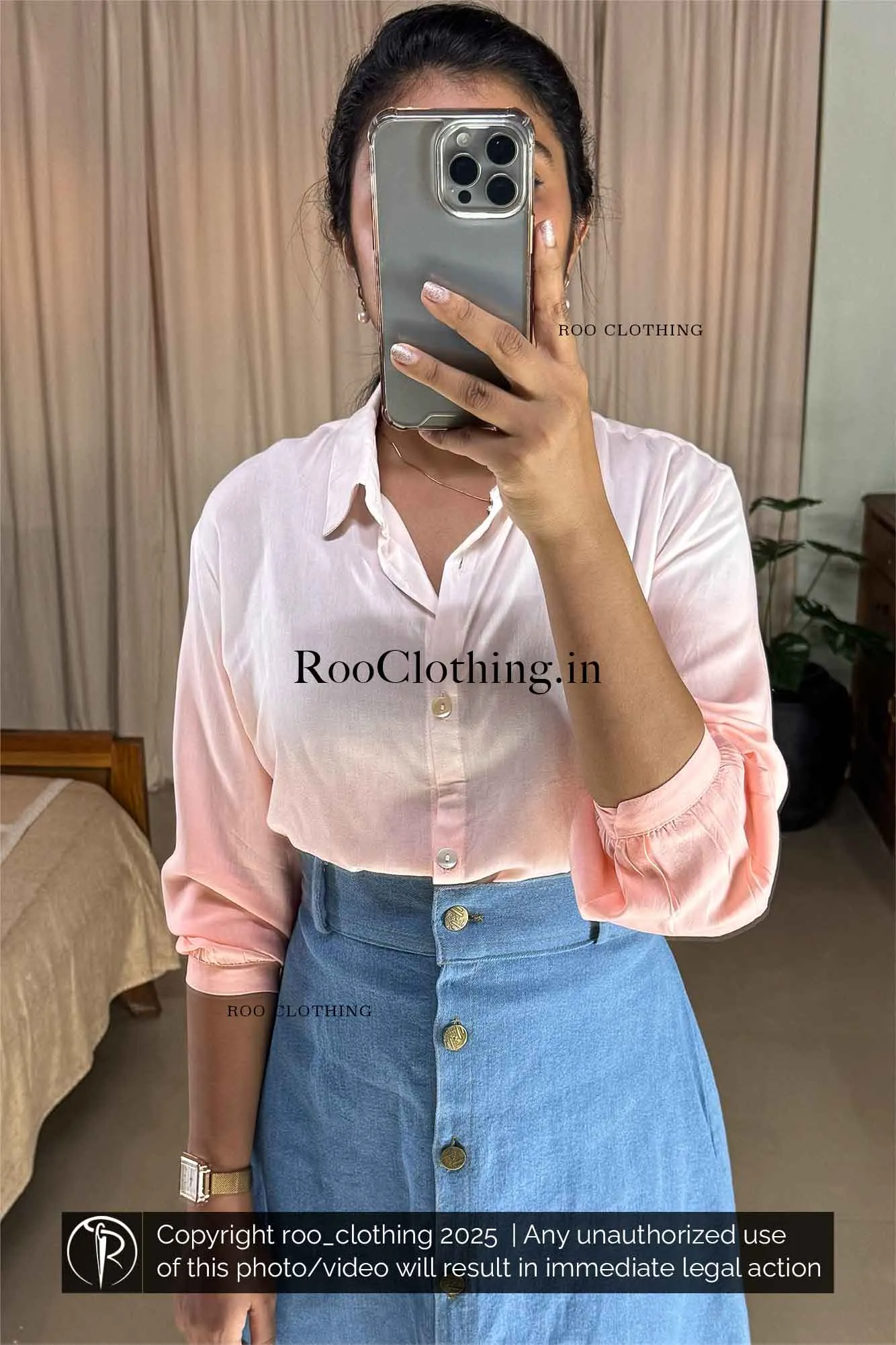 Full Sleeve Blush Peach-Pink Ombre Lightweight Tie-Dyed Loose Fit Women's Shirt