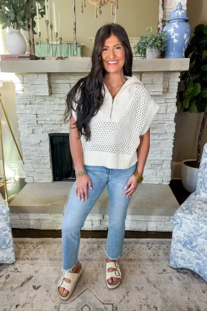 Half Zip Up Ribbed Collar Open Knit Cream Sweater Top