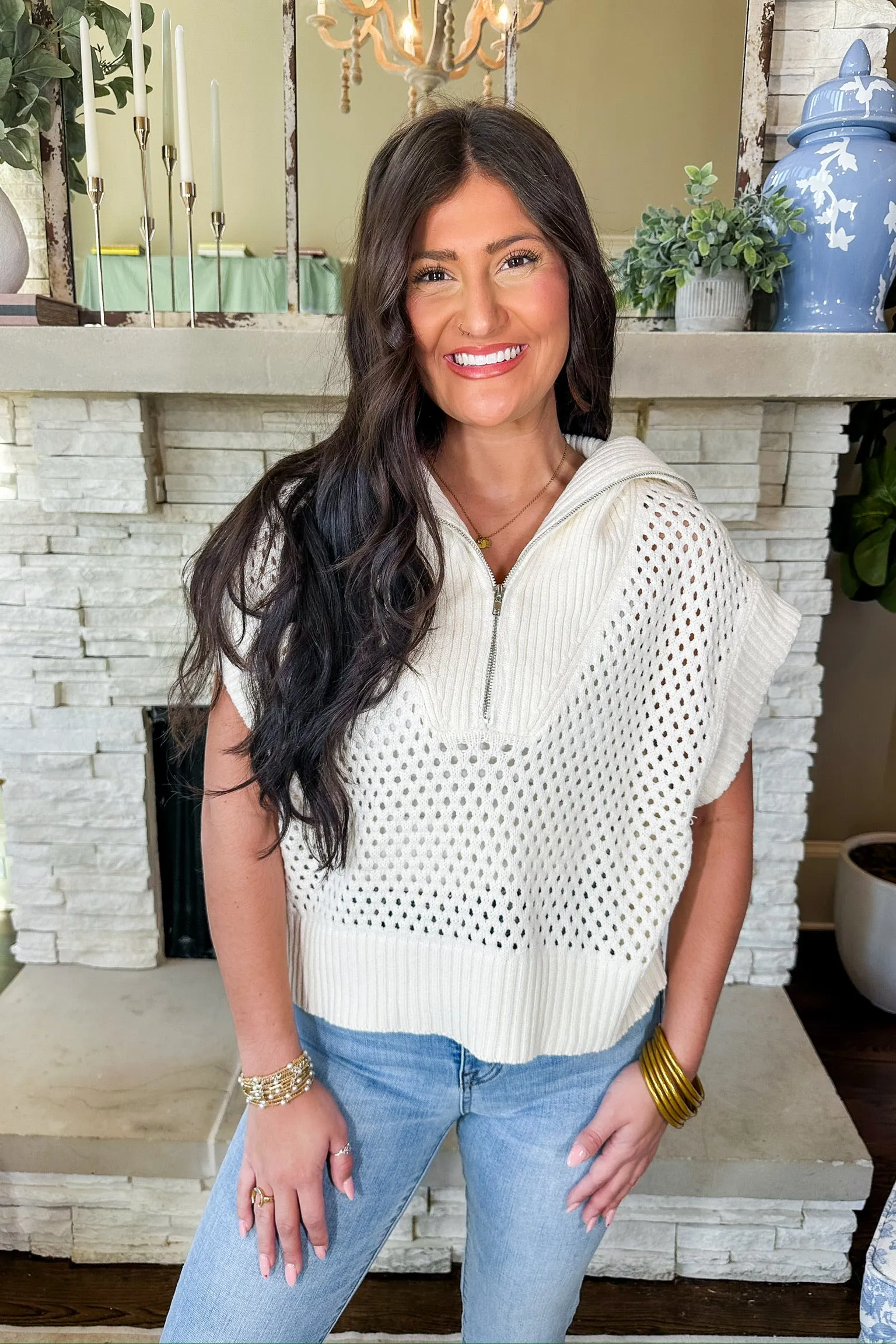 Half Zip Up Ribbed Collar Open Knit Cream Sweater Top