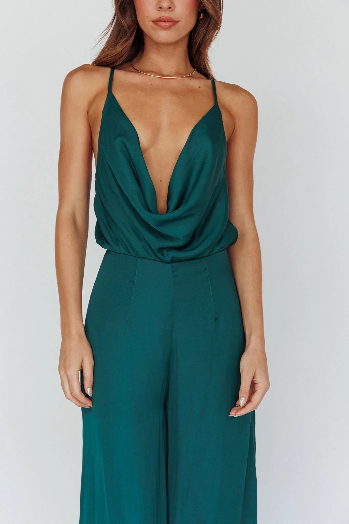 Jaclyn Wide-Leg Cowl Neck Jumpsuit Forest Green