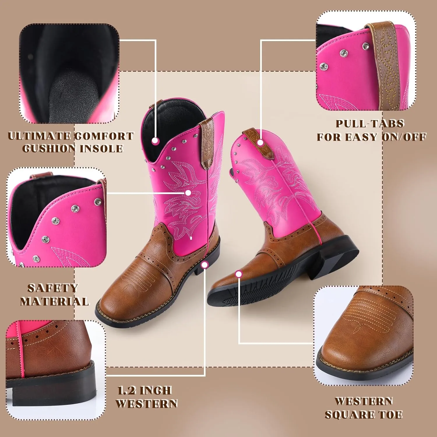 Kids Cowboy Boots Western Square Toe Boots for Boys and Girls Cowgirl Halloween Costume for Little and Big Kid
