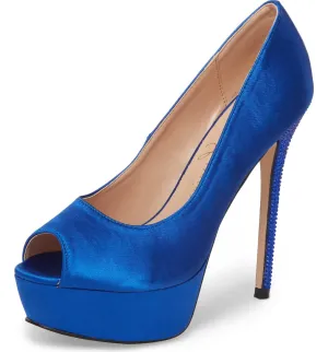 Lauren Lorraine Royal Blue Peep Toe Platform High Crystal Heel Satin Formal Pump