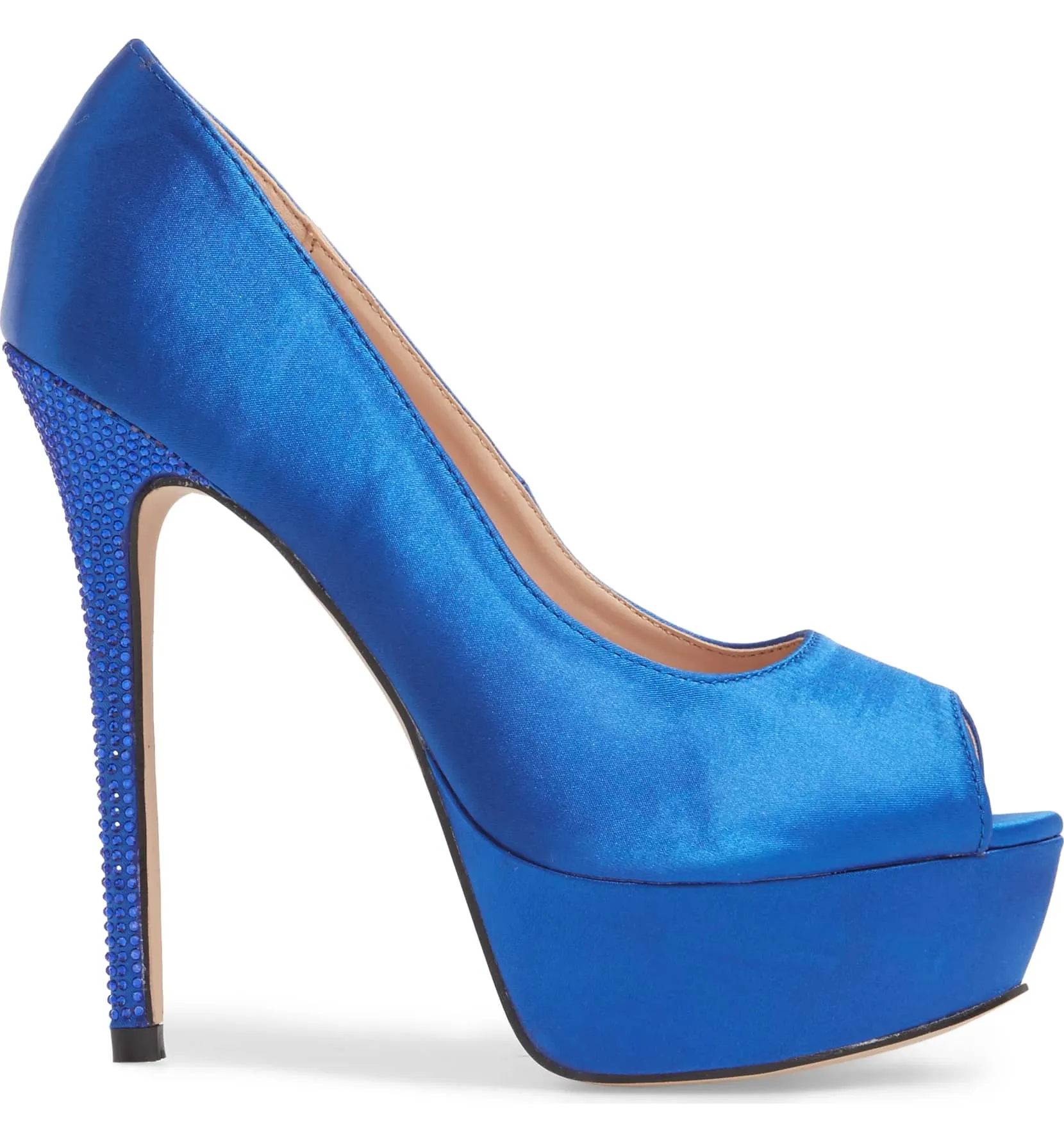 Lauren Lorraine Royal Blue Peep Toe Platform High Crystal Heel Satin Formal Pump