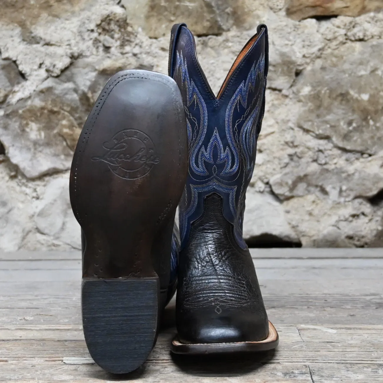 Lucchese Men's 11" Bison Leather Boot In Chocolate and Nova Blue W/Heirloom Finish