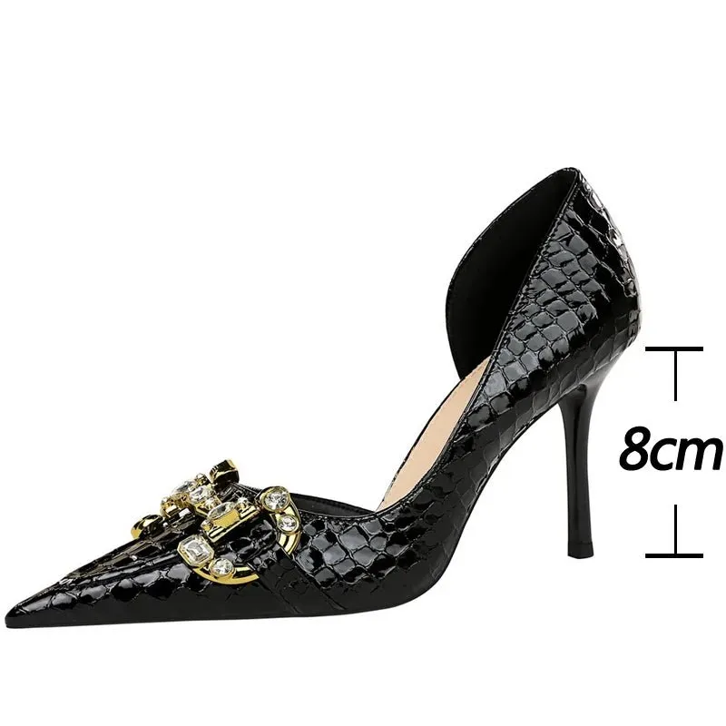 Luxury Rhinestone Buckle Pointed-Toe Stiletto Heels – Black Crocodile Pattern Pumps