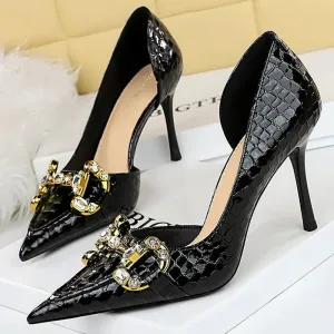 Luxury Rhinestone Buckle Pointed-Toe Stiletto Heels – Black Crocodile Pattern Pumps