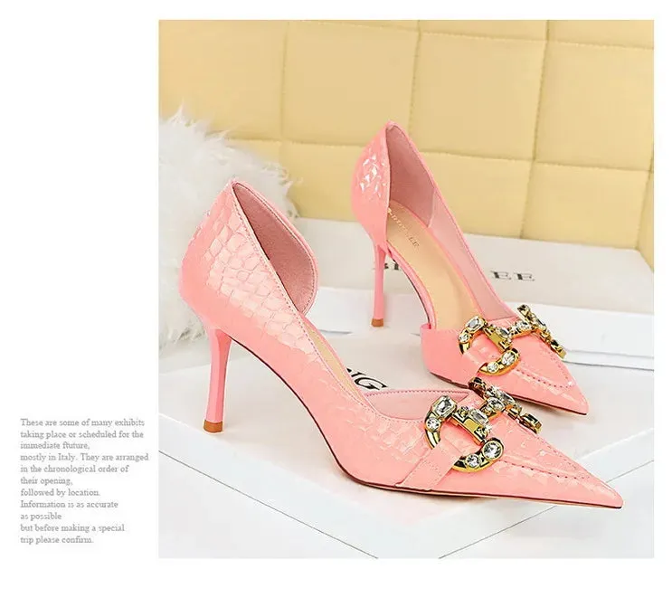 Luxury Rhinestone Buckle Pointed-Toe Stiletto Heels – Black Crocodile Pattern Pumps