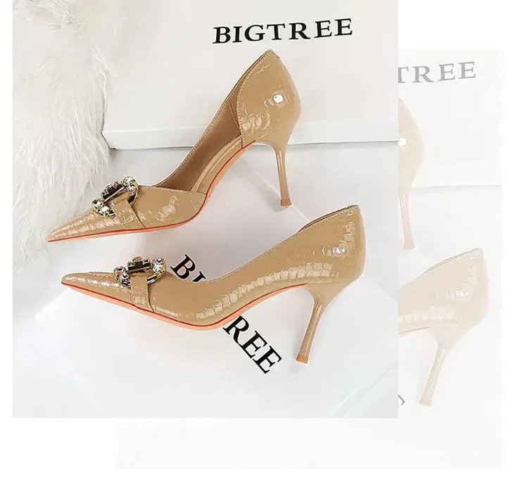 Luxury Rhinestone Buckle Pointed-Toe Stiletto Heels – Black Crocodile Pattern Pumps