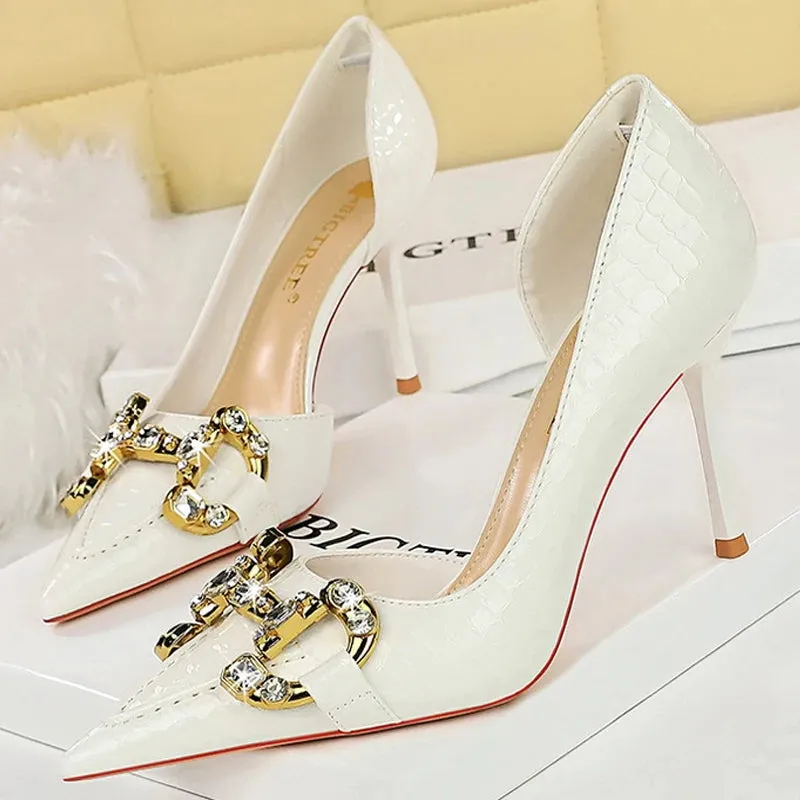 Luxury Rhinestone Buckle Pointed-Toe Stiletto Heels – Black Crocodile Pattern Pumps