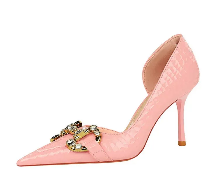 Luxury Rhinestone Buckle Pointed-Toe Stiletto Heels – Black Crocodile Pattern Pumps