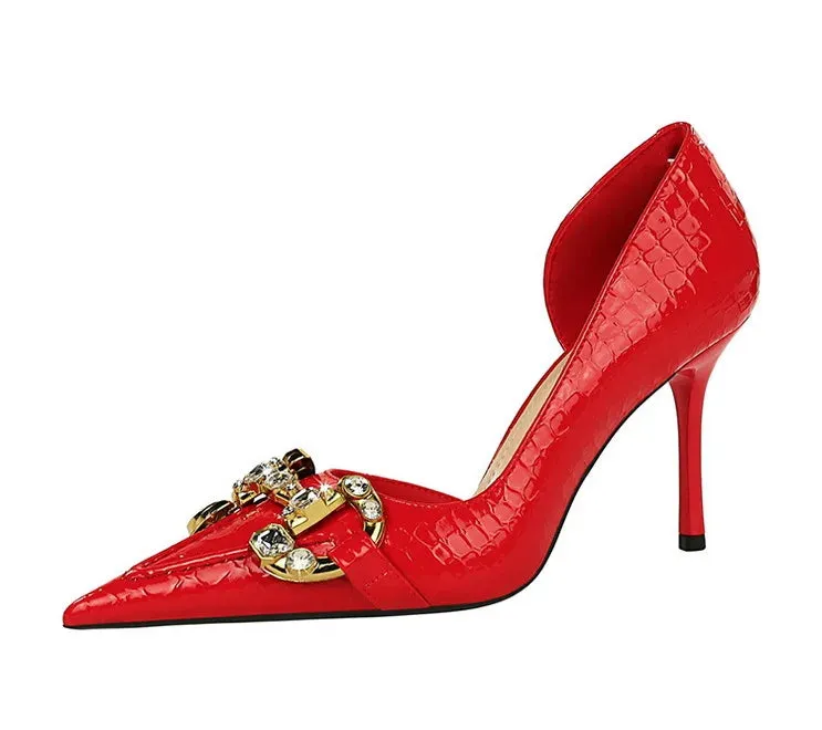 Luxury Rhinestone Buckle Pointed-Toe Stiletto Heels – Black Crocodile Pattern Pumps