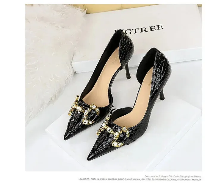 Luxury Rhinestone Buckle Pointed-Toe Stiletto Heels – Black Crocodile Pattern Pumps