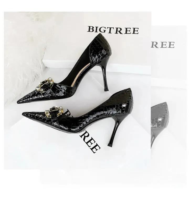 Luxury Rhinestone Buckle Pointed-Toe Stiletto Heels – Black Crocodile Pattern Pumps