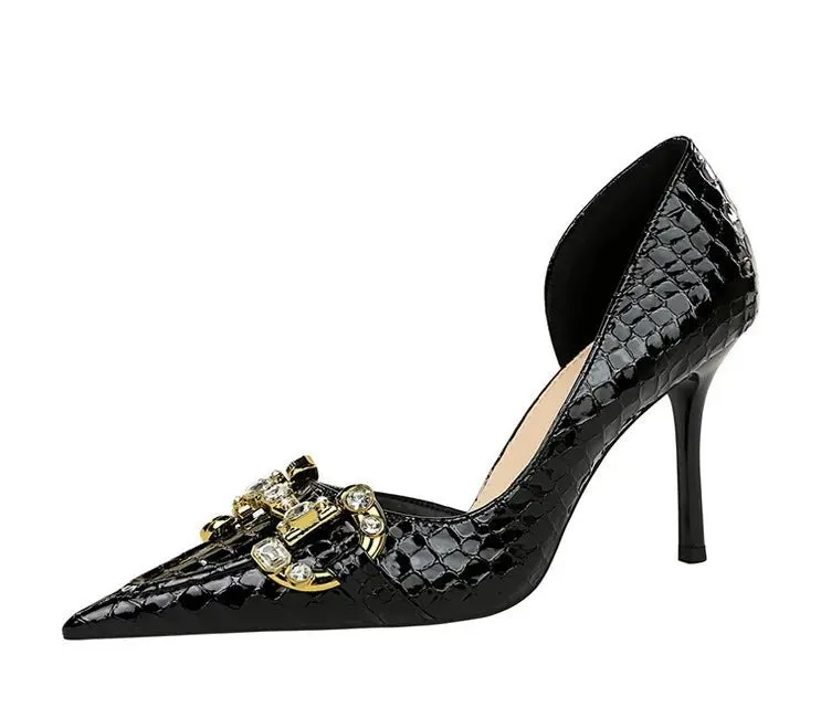 Luxury Rhinestone Buckle Pointed-Toe Stiletto Heels – Black Crocodile Pattern Pumps