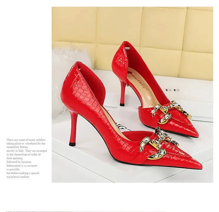 Luxury Rhinestone Buckle Pointed-Toe Stiletto Heels – Black Crocodile Pattern Pumps