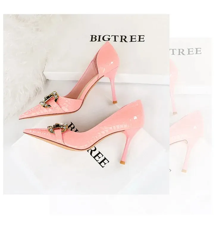 Luxury Rhinestone Buckle Pointed-Toe Stiletto Heels – Black Crocodile Pattern Pumps