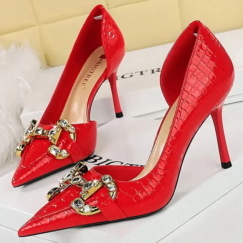 Luxury Rhinestone Buckle Pointed-Toe Stiletto Heels – Black Crocodile Pattern Pumps