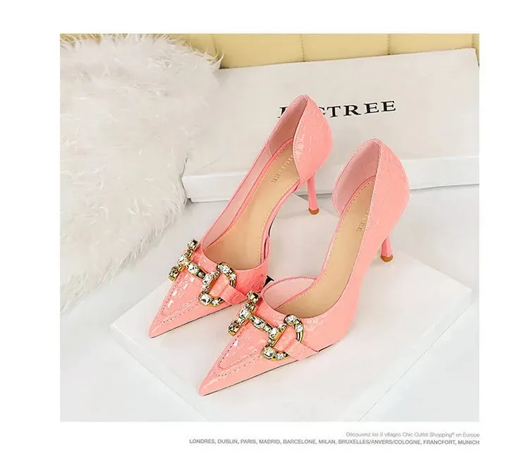 Luxury Rhinestone Buckle Pointed-Toe Stiletto Heels – Black Crocodile Pattern Pumps