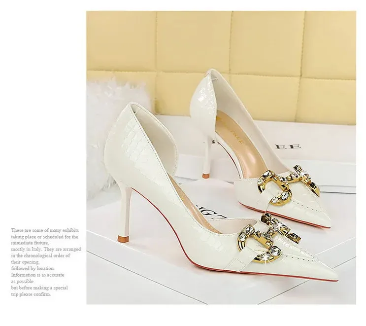 Luxury Rhinestone Buckle Pointed-Toe Stiletto Heels – Black Crocodile Pattern Pumps