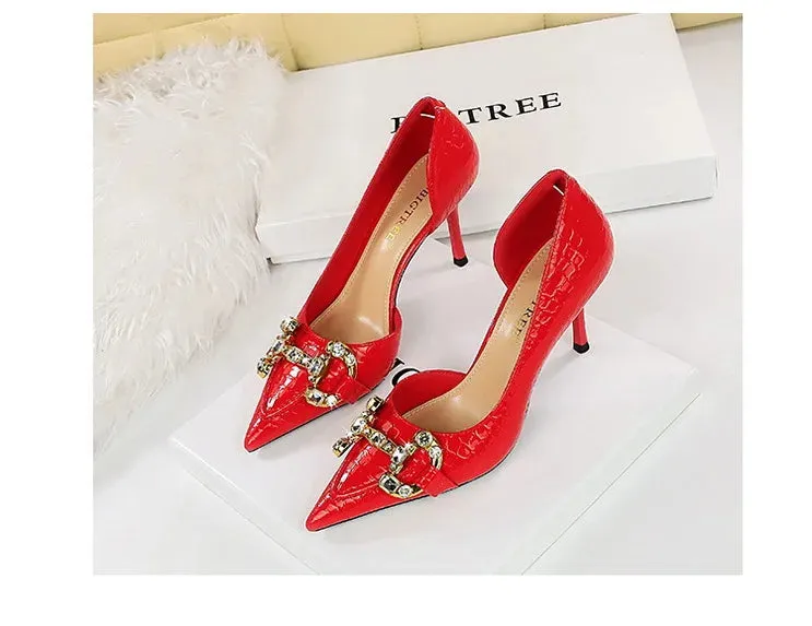 Luxury Rhinestone Buckle Pointed-Toe Stiletto Heels – Black Crocodile Pattern Pumps