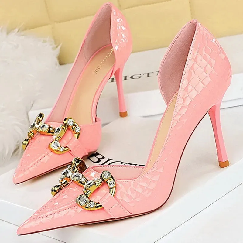 Luxury Rhinestone Buckle Pointed-Toe Stiletto Heels – Black Crocodile Pattern Pumps