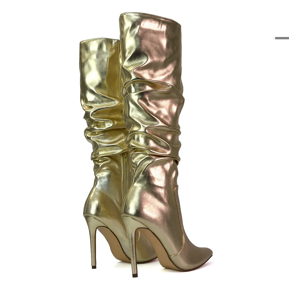 Milani Statement Ruched Pointed Toe Stiletto High Heel Knee High Boots in Gold Metallic