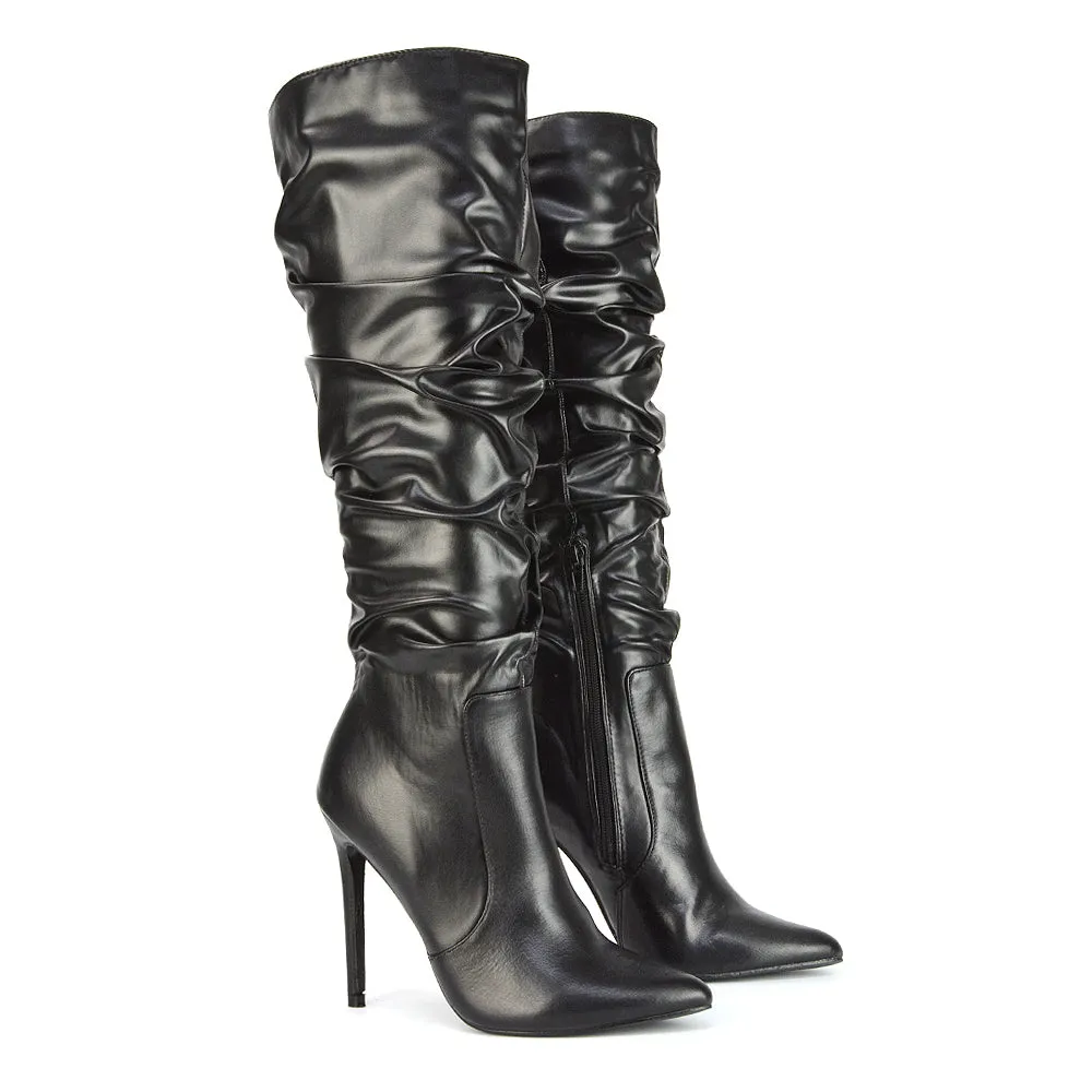 Milani Statement Ruched Pointed Toe Stiletto High Heel Knee High Boots in Gold Metallic
