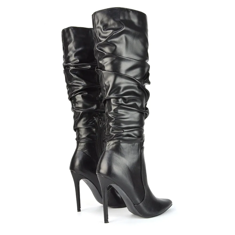 Milani Statement Ruched Pointed Toe Stiletto High Heel Knee High Boots in Gold Metallic