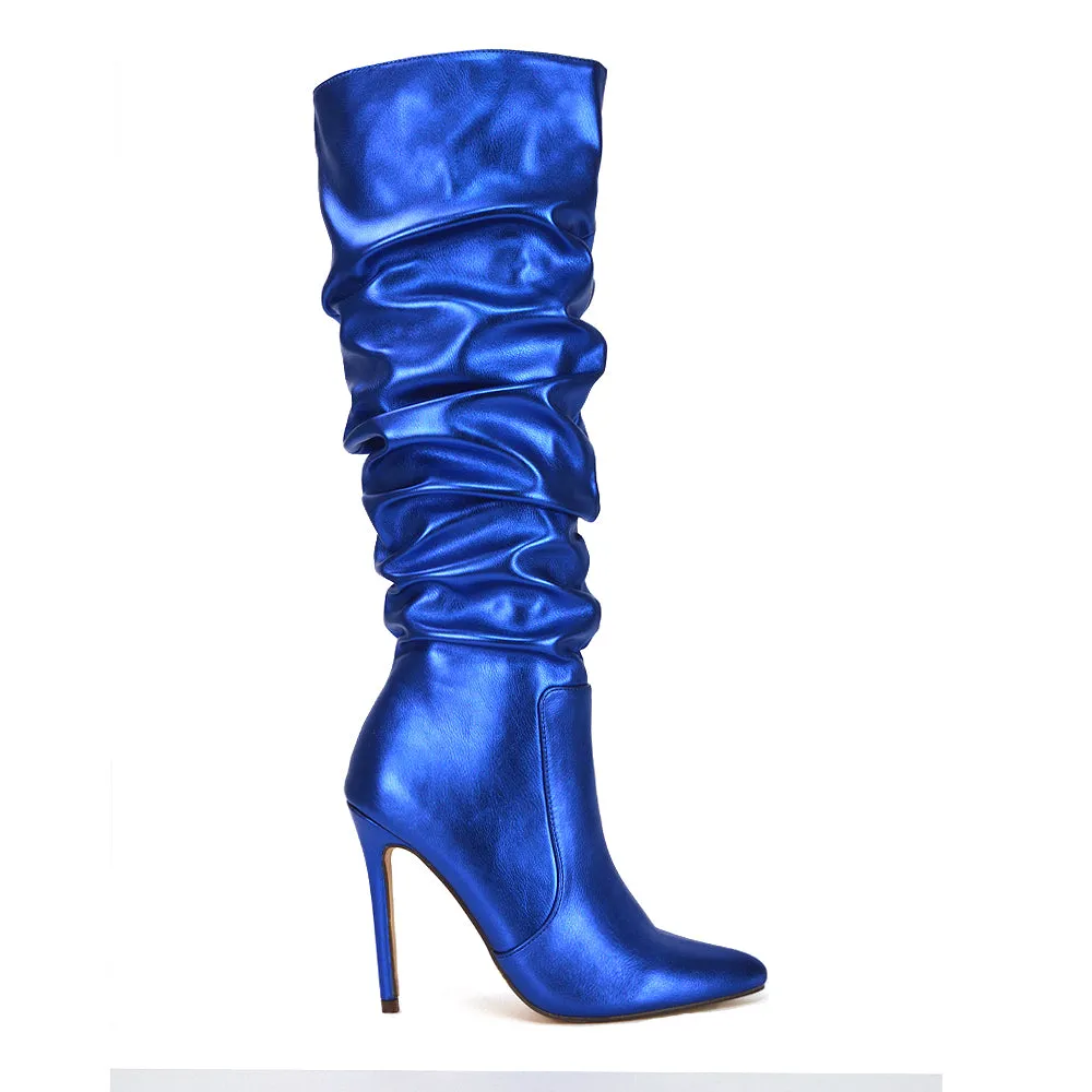 Milani Statement Ruched Pointed Toe Stiletto High Heel Knee High Boots in Gold Metallic