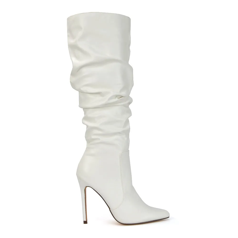 Milani Statement Ruched Pointed Toe Stiletto High Heel Knee High Boots in Gold Metallic
