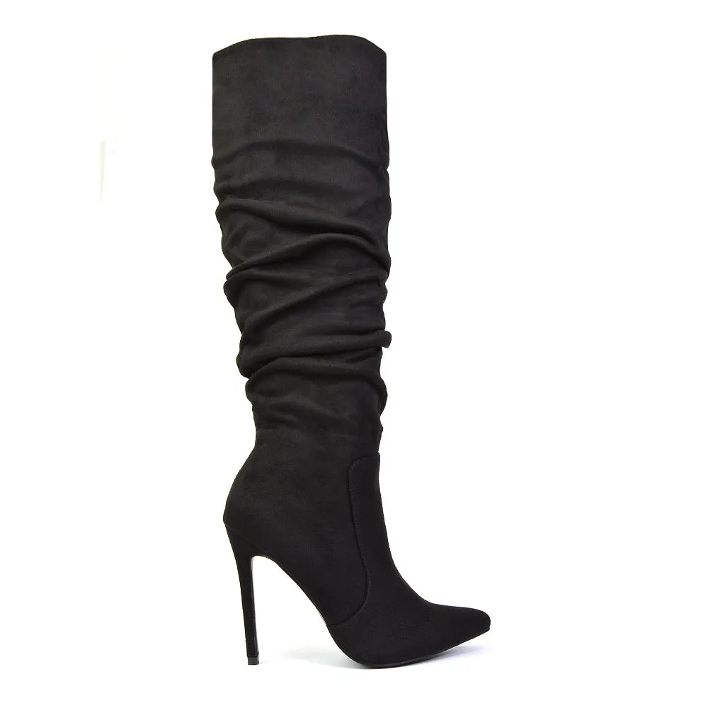 Milani Statement Ruched Pointed Toe Stiletto High Heel Knee High Boots in Gold Metallic