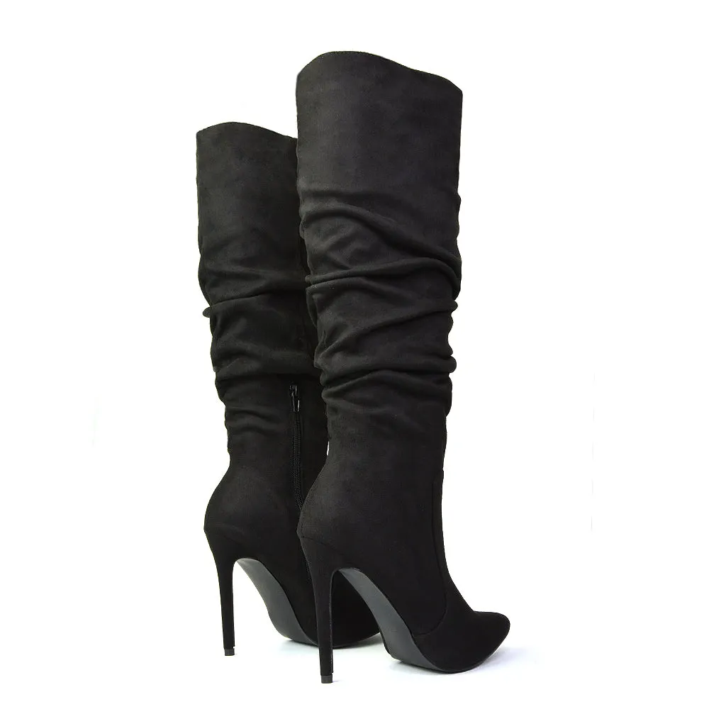 Milani Statement Ruched Pointed Toe Stiletto High Heel Knee High Boots in Gold Metallic