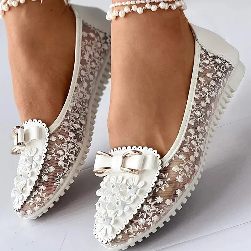 Non-slip Summer Floral Embroidery Bowknot Loafer Shoes