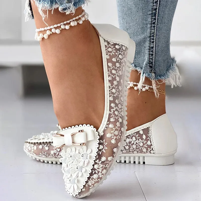 Non-slip Summer Floral Embroidery Bowknot Loafer Shoes