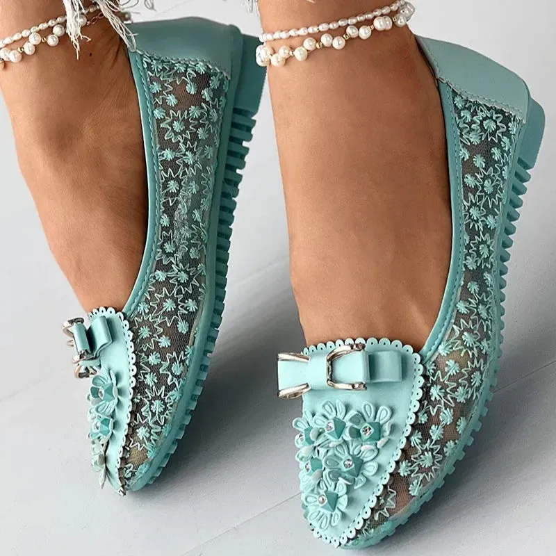 Non-slip Summer Floral Embroidery Bowknot Loafer Shoes