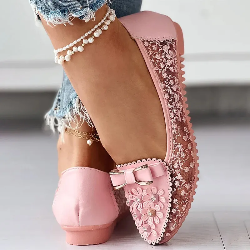 Non-slip Summer Floral Embroidery Bowknot Loafer Shoes